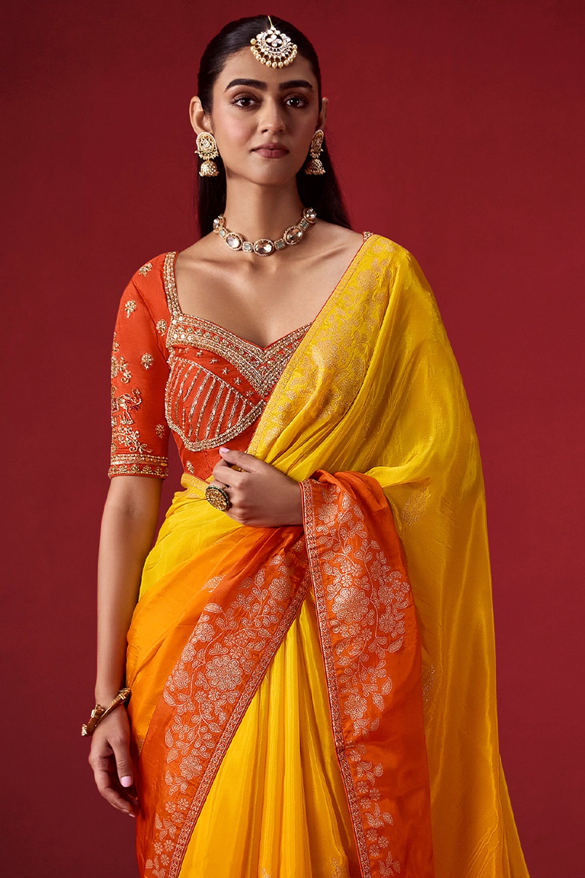 Yellow And Brunt Orange Ombre Woven Dola Crape Soft Silk