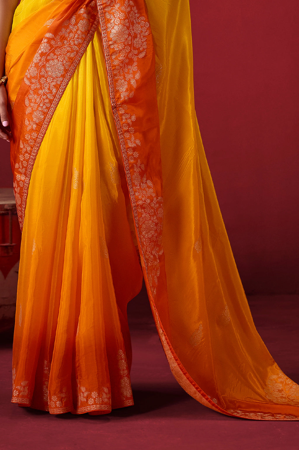 Yellow And Brunt Orange Ombre Woven Dola Crape Soft Silk