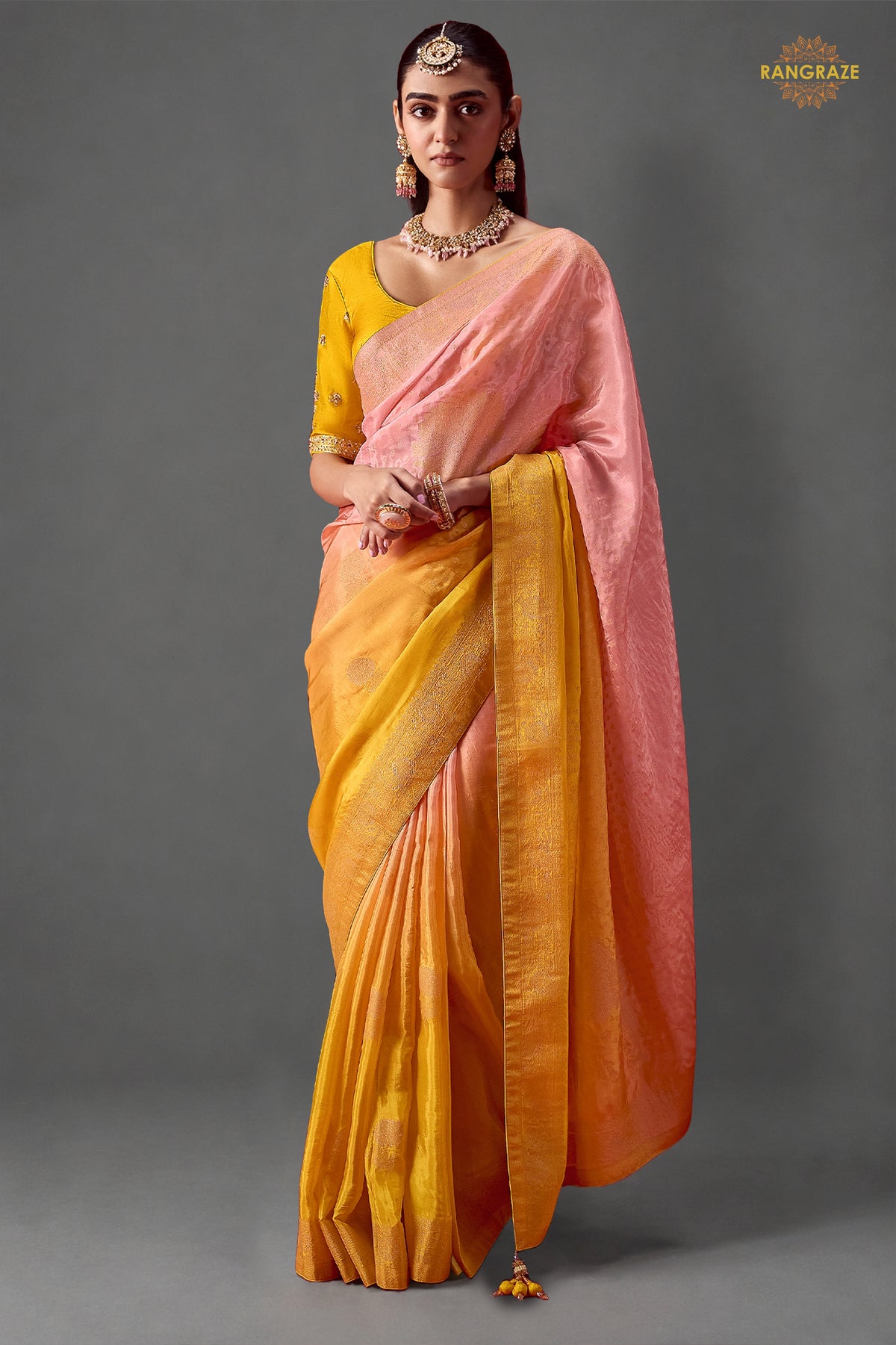 Yellow And Flamingo Pink Ombre Woven Dola Crape Soft Silk