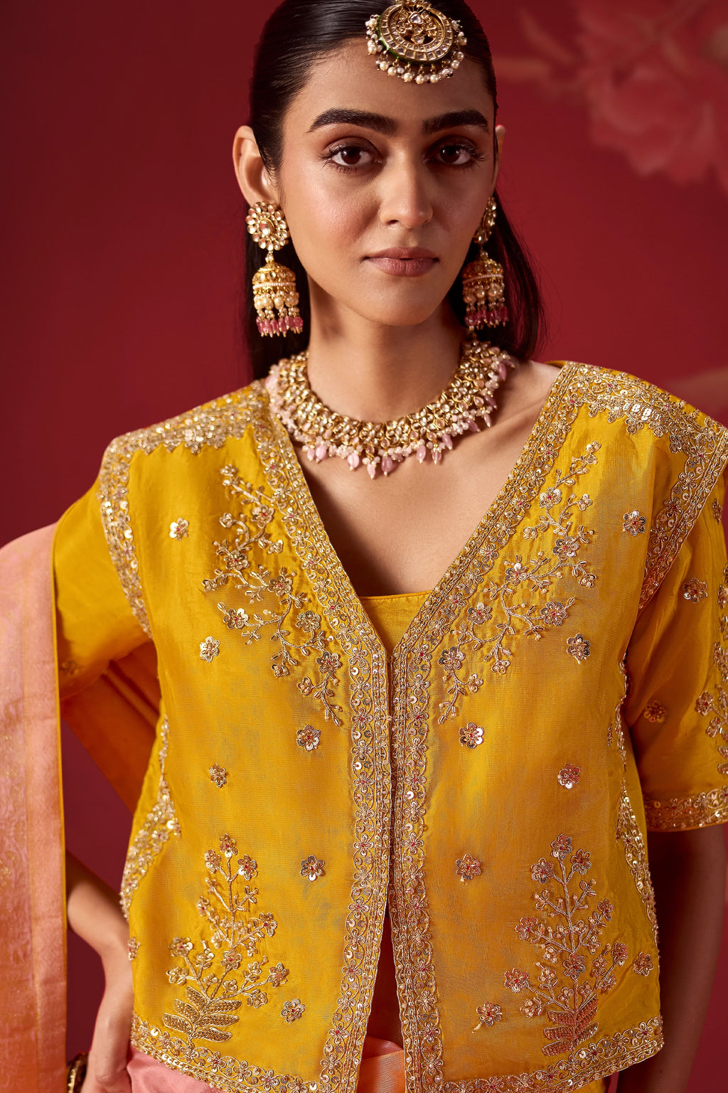 Yellow And Flamingo Pink Ombre Woven Dola Crape Soft Silk