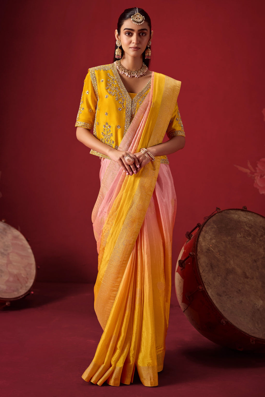 Yellow And Flamingo Pink Ombre Woven Dola Crape Soft Silk