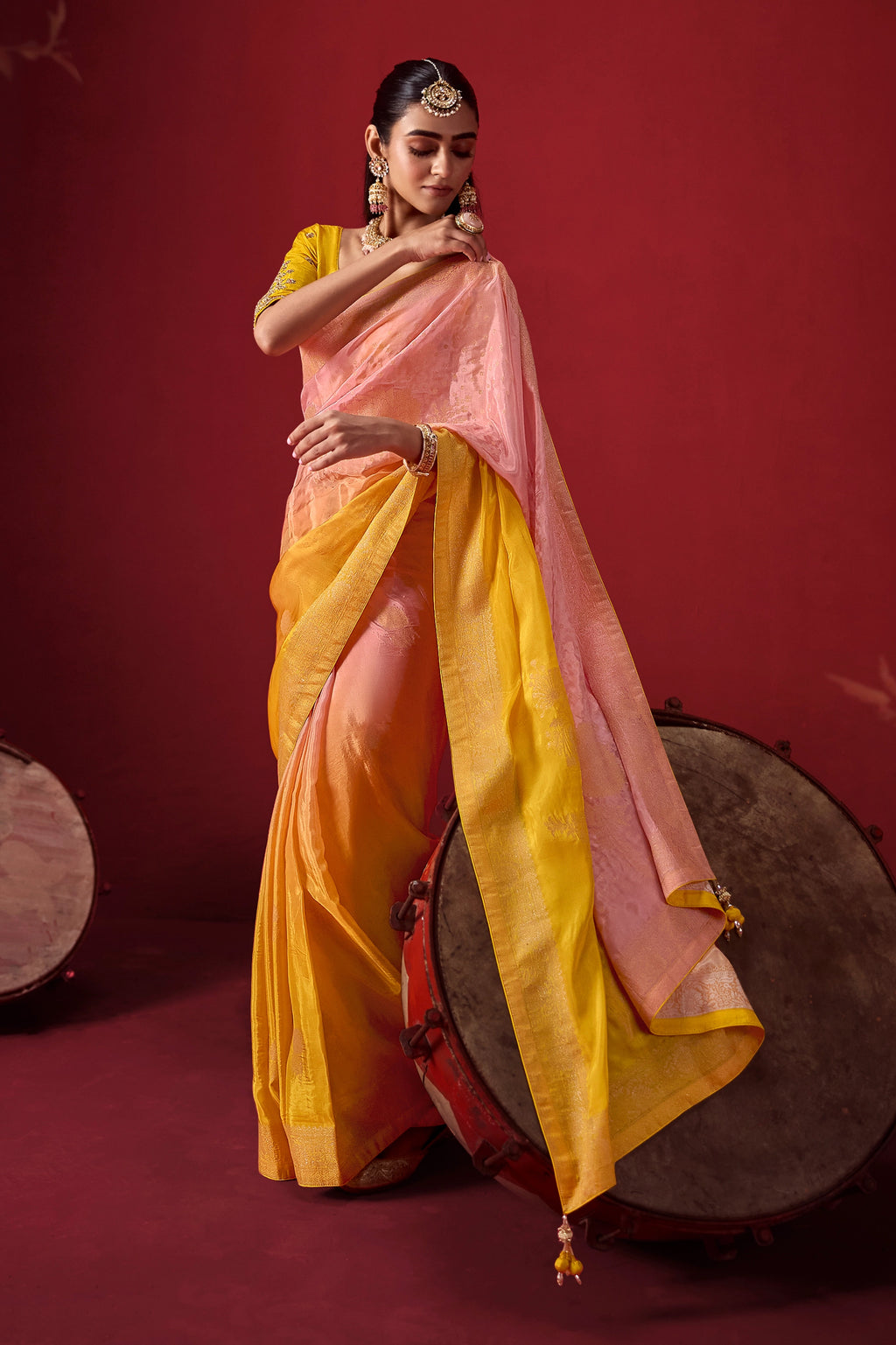 Yellow And Flamingo Pink Ombre Woven Dola Crape Soft Silk