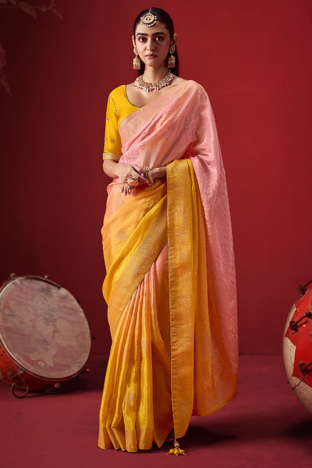 Yellow And Flamingo Pink Ombre Woven Dola Crape Soft Silk