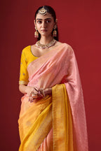 Yellow And Flamingo Pink Ombre Woven Dola Crape Soft Silk