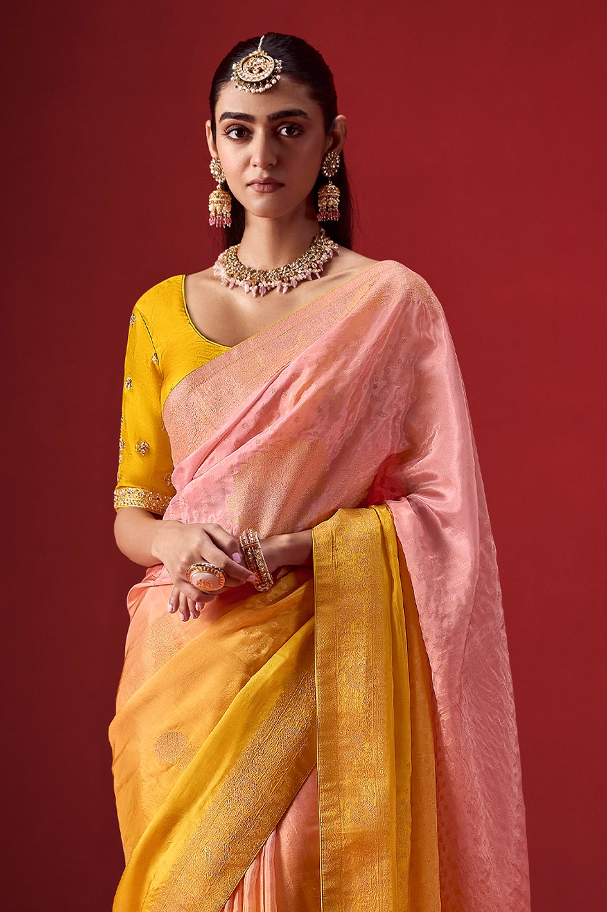 Yellow And Flamingo Pink Ombre Woven Dola Crape Soft Silk