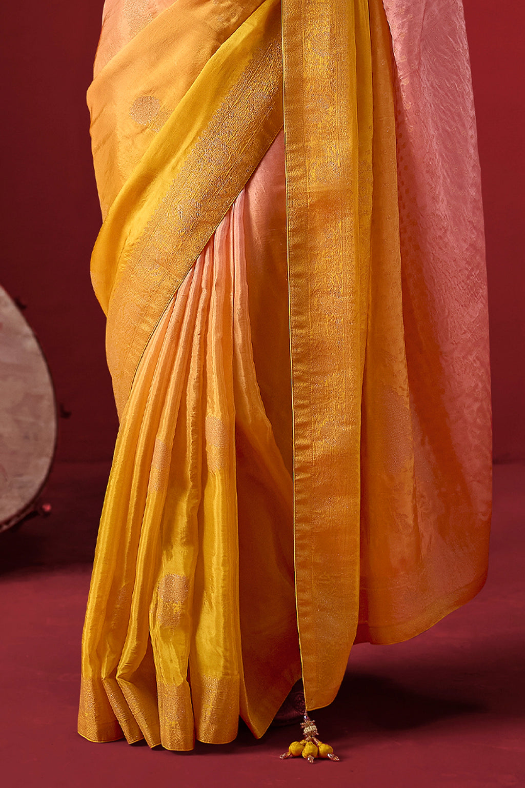 Yellow And Flamingo Pink Ombre Woven Dola Crape Soft Silk