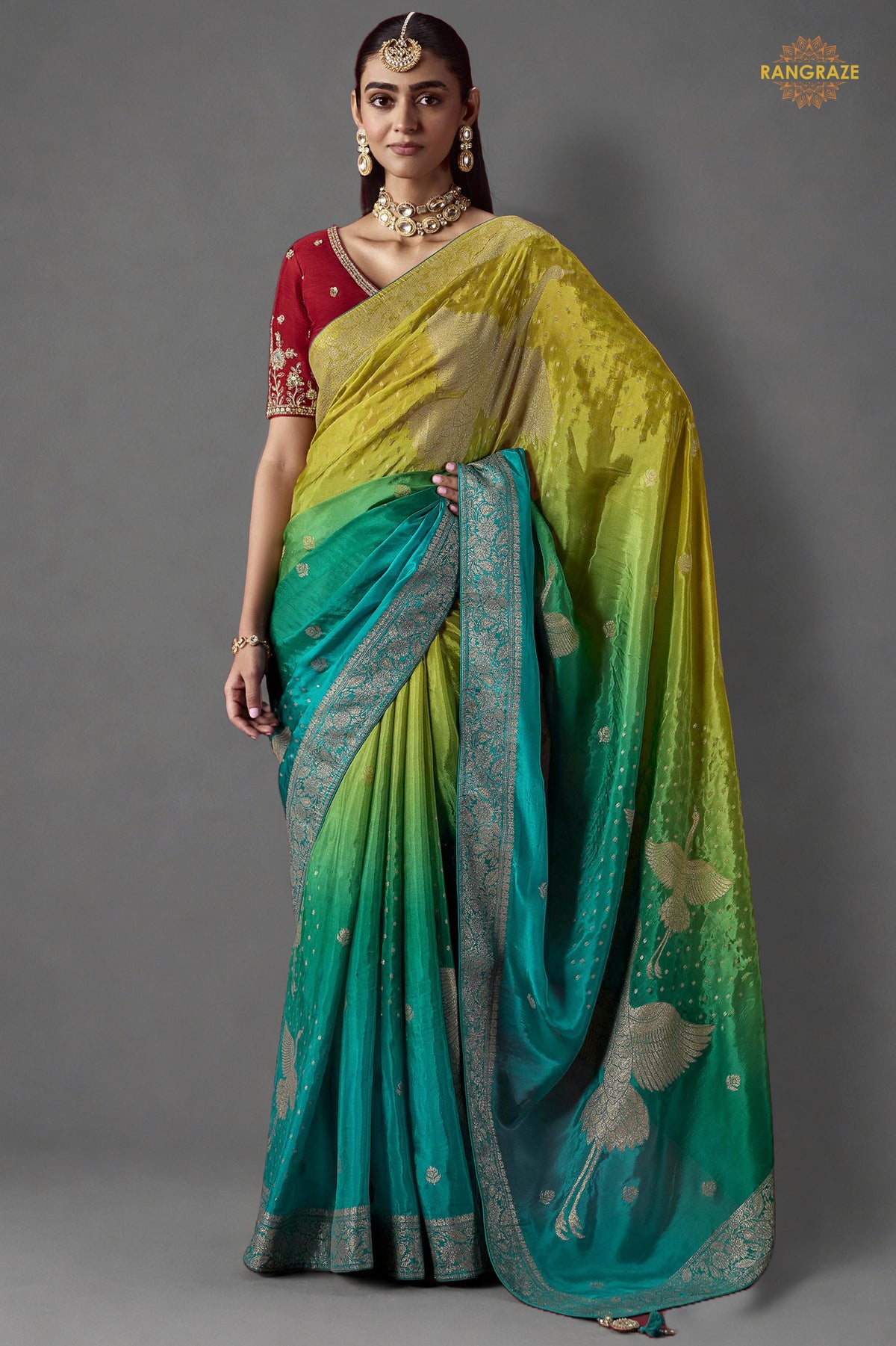 Yellow And Green Ombre Woven Dola Crape Soft Silk