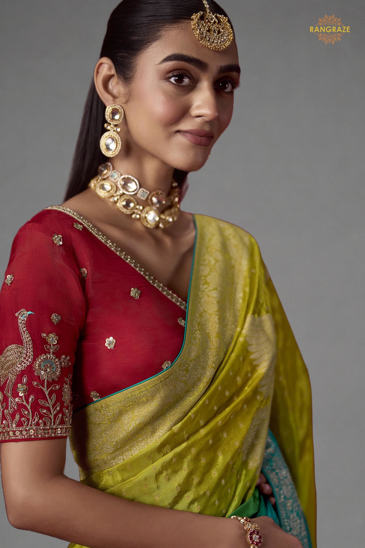 Yellow And Green Ombre Woven Dola Crape Soft Silk
