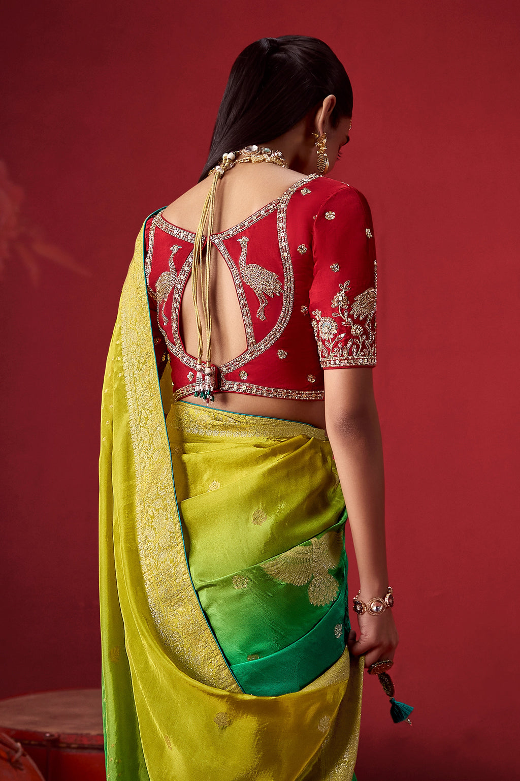 Yellow And Green Ombre Woven Dola Crape Soft Silk