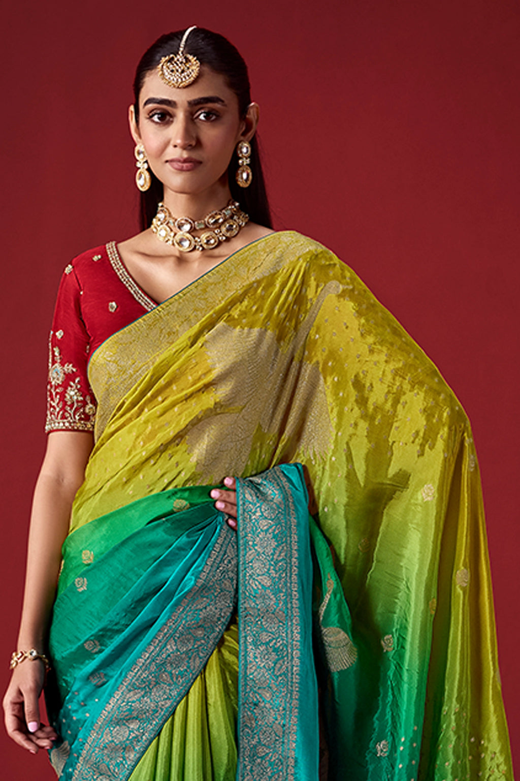 Yellow And Green Ombre Woven Dola Crape Soft Silk