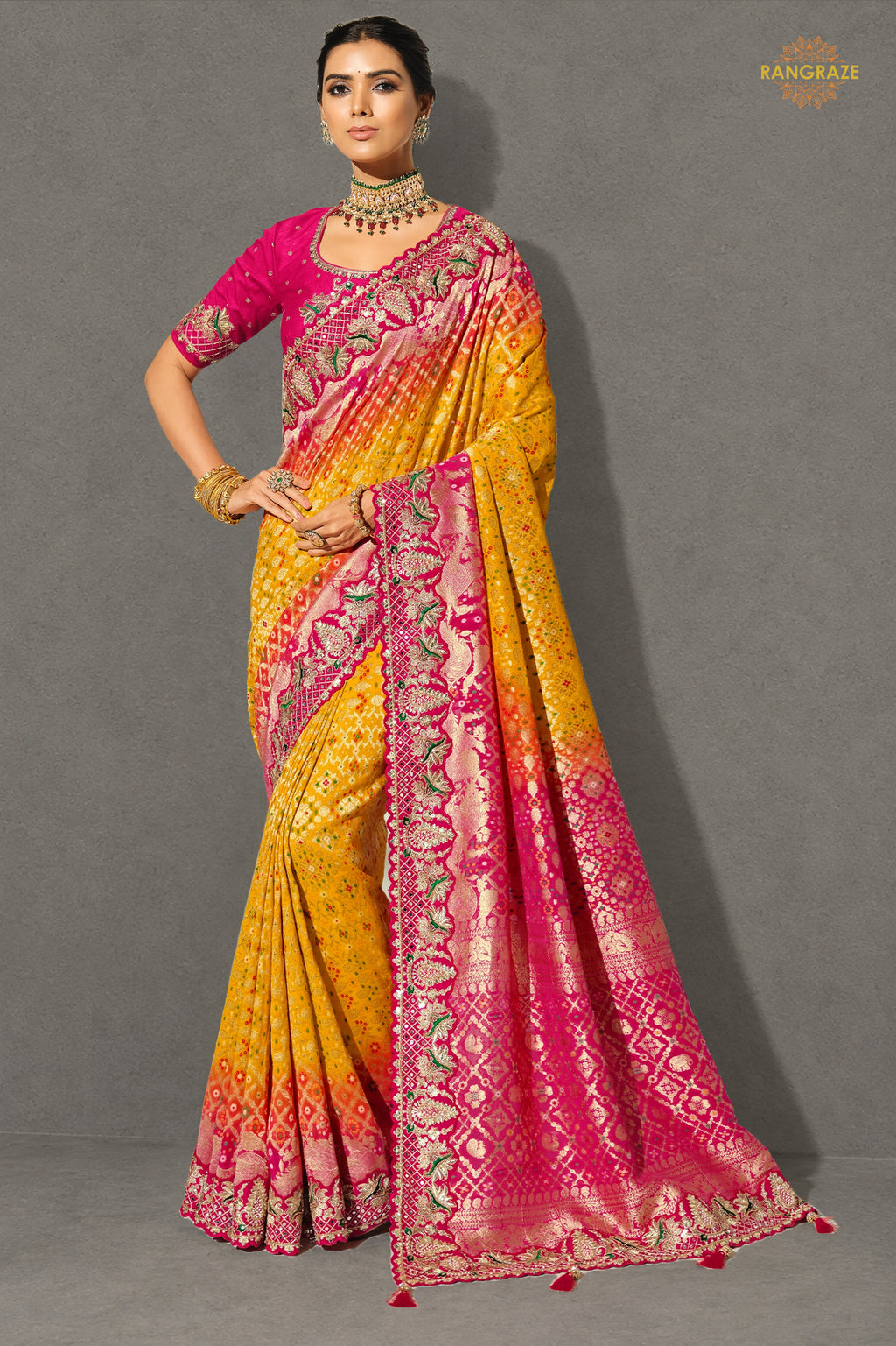 Yellow And Pink Embroidered Bandhej Georgette Saree