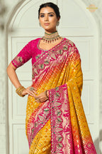 Yellow And Pink Embroidered Bandhej Georgette Saree