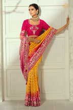 Yellow And Pink Embroidered Bandhej Georgette Saree