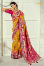 Yellow And Pink Embroidered Bandhej Georgette Saree