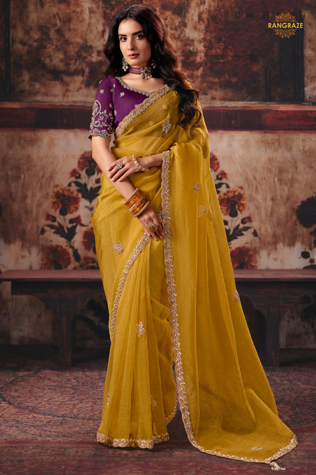 Yellow Designer Organza Saree With Embroidered Blouse