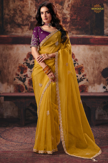 Yellow Designer Organza Saree With Embroidered Blouse
