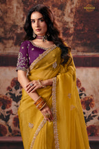 Yellow Designer Organza Saree With Embroidered Blouse