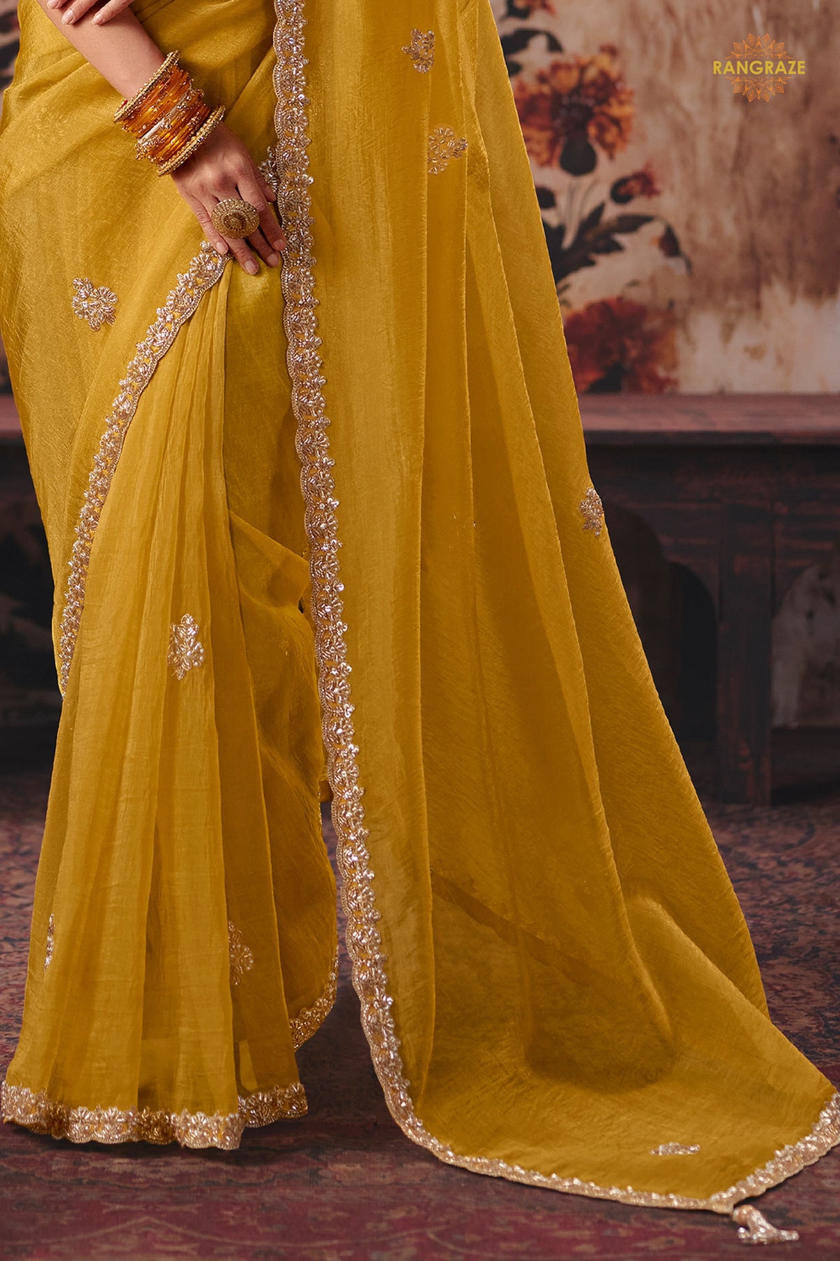 Yellow Designer Organza Saree With Embroidered Blouse