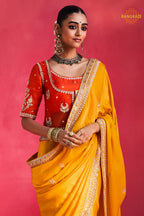Yellow Embroidered Silk Saree With Designer Border