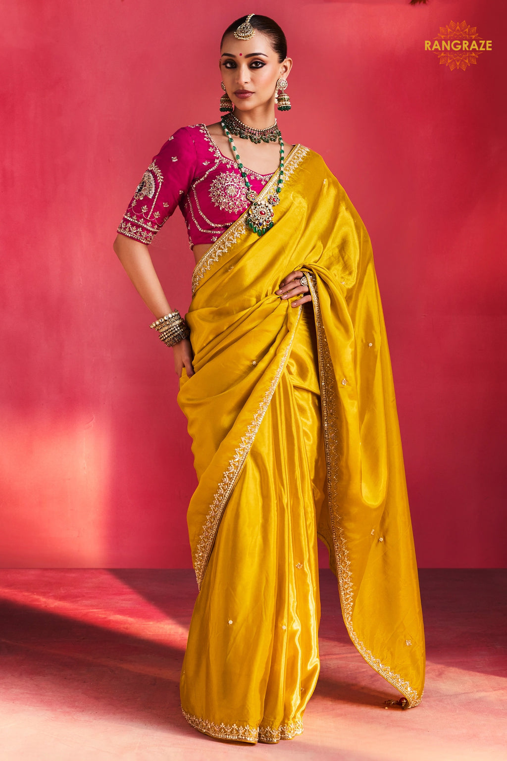 Yellow Embroidered Silk Saree With Designer Border