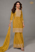 Yellow Embroidered Stitched Chinon Sharara Suit