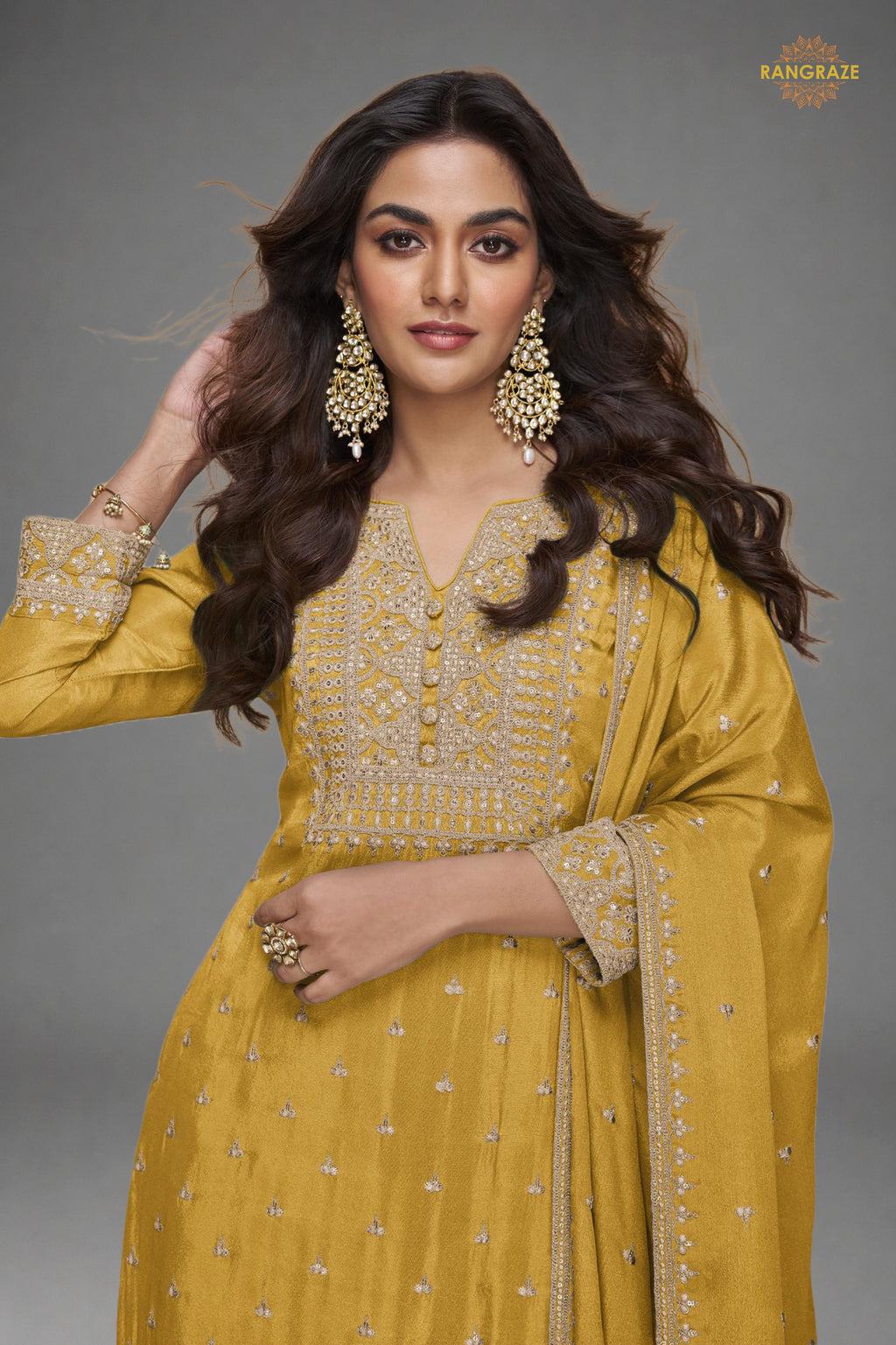 Yellow Embroidered Stitched Chinon Sharara Suit