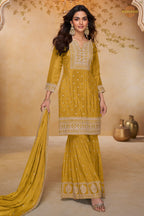 Yellow Embroidered Stitched Chinon Sharara Suit
