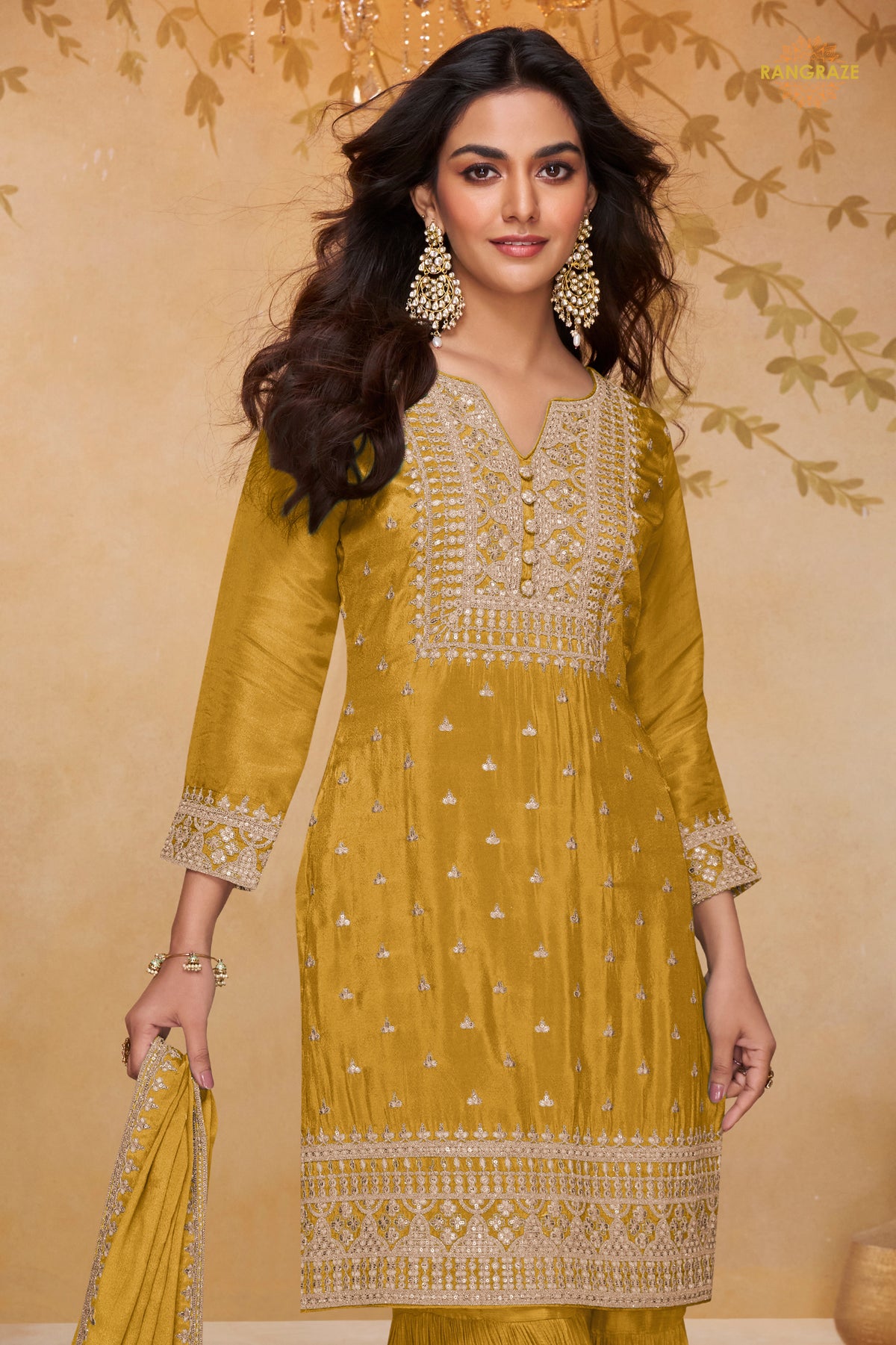 Yellow Embroidered Stitched Chinon Sharara Suit