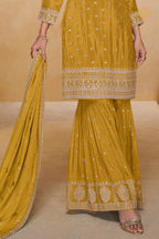 Yellow Embroidered Stitched Chinon Sharara Suit