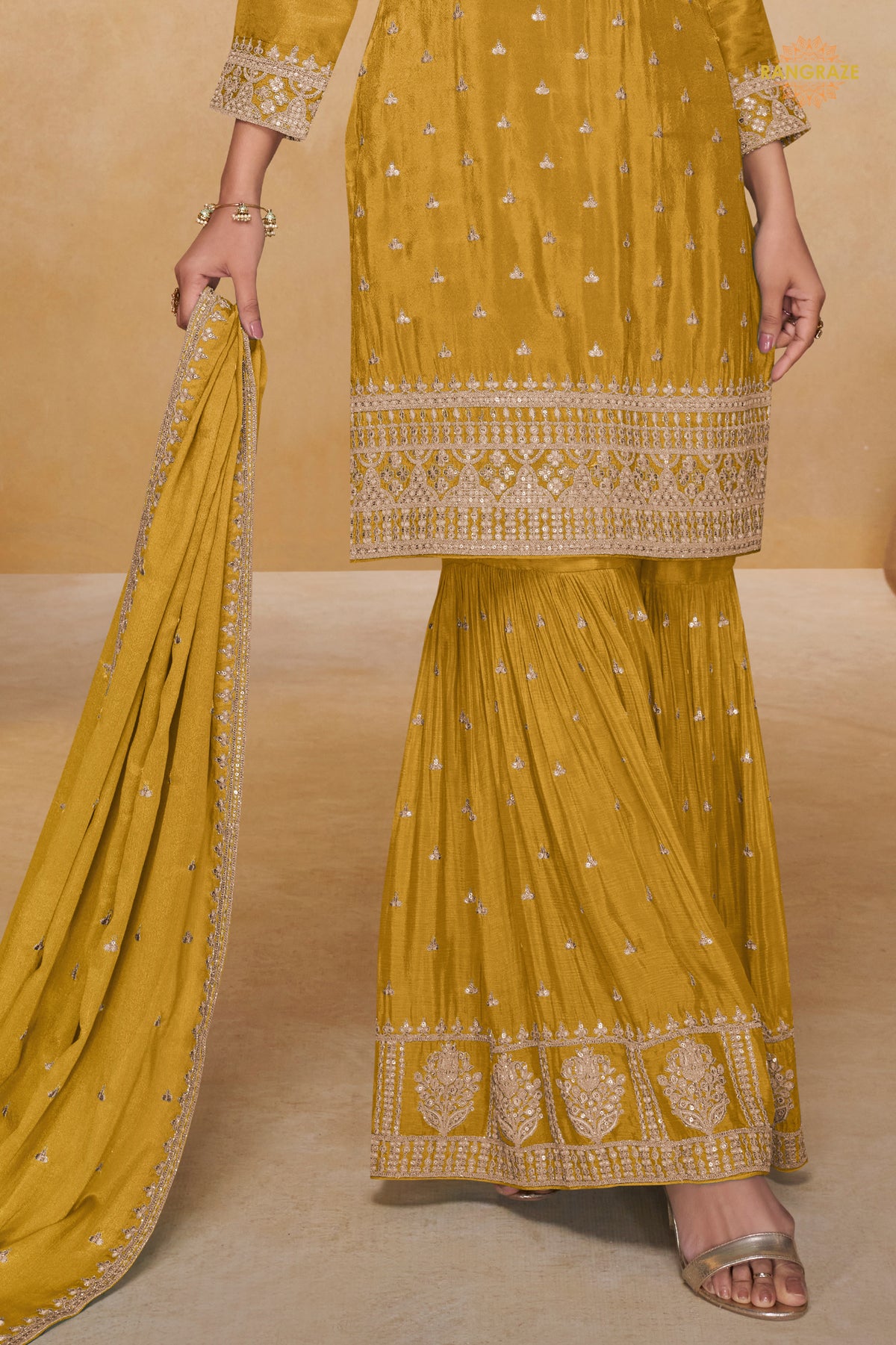 Yellow Embroidered Stitched Chinon Sharara Suit