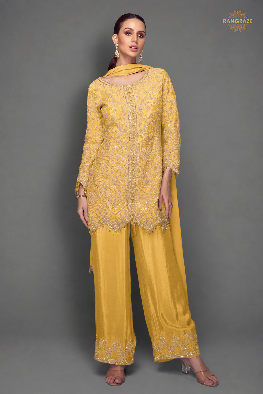 Yellow Embroidered Stitched Chinon Suit Set