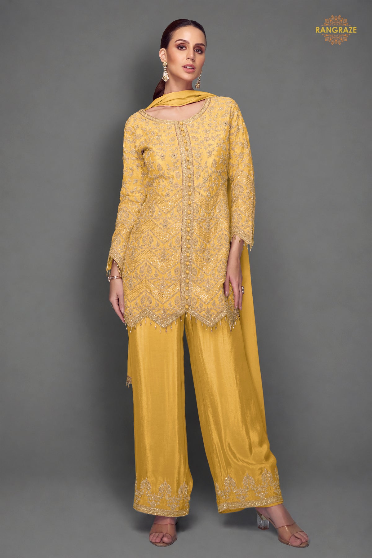 Yellow Embroidered Stitched Chinon Suit Set