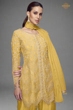 Yellow Embroidered Stitched Chinon Suit Set