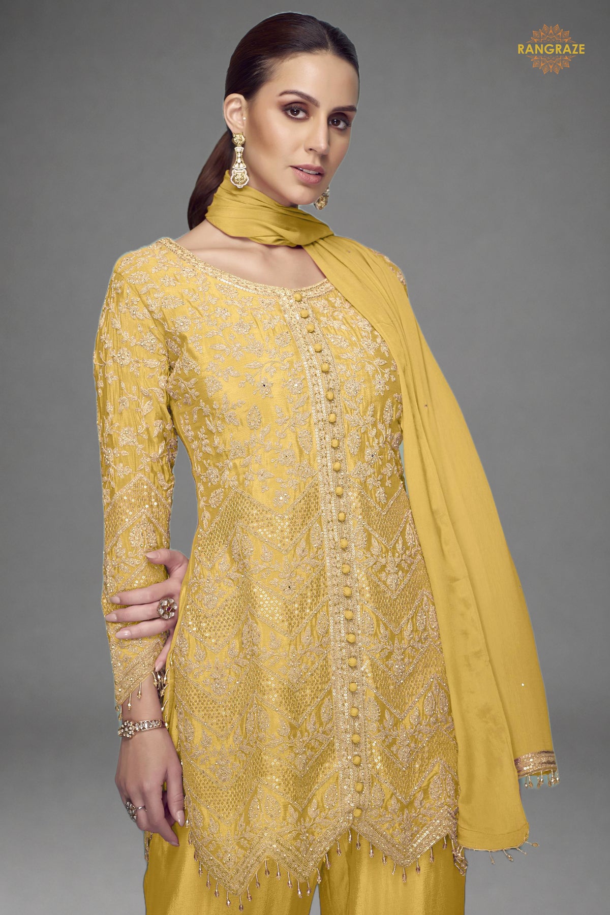 Yellow Embroidered Stitched Chinon Suit Set