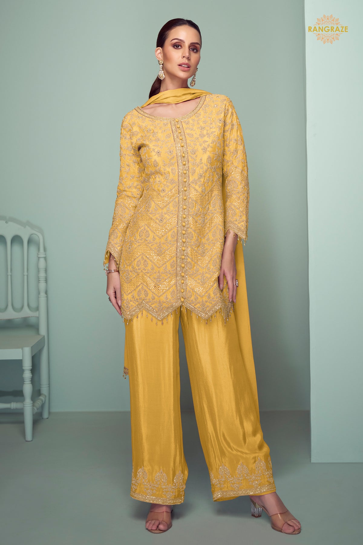 Yellow Embroidered Stitched Chinon Suit Set