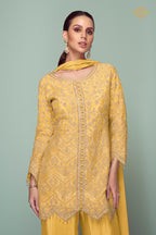 Yellow Embroidered Stitched Chinon Suit Set