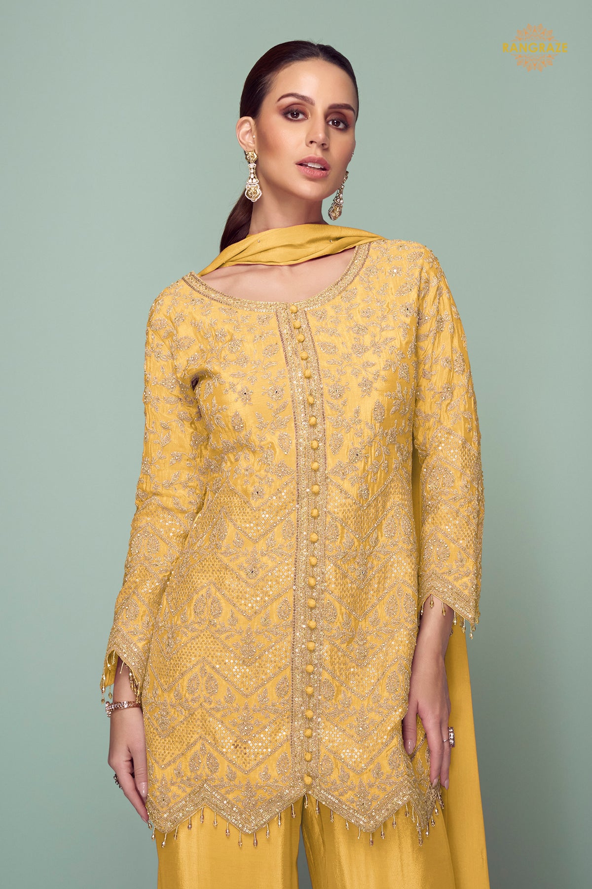 Yellow Embroidered Stitched Chinon Suit Set