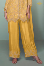Yellow Embroidered Stitched Chinon Suit Set