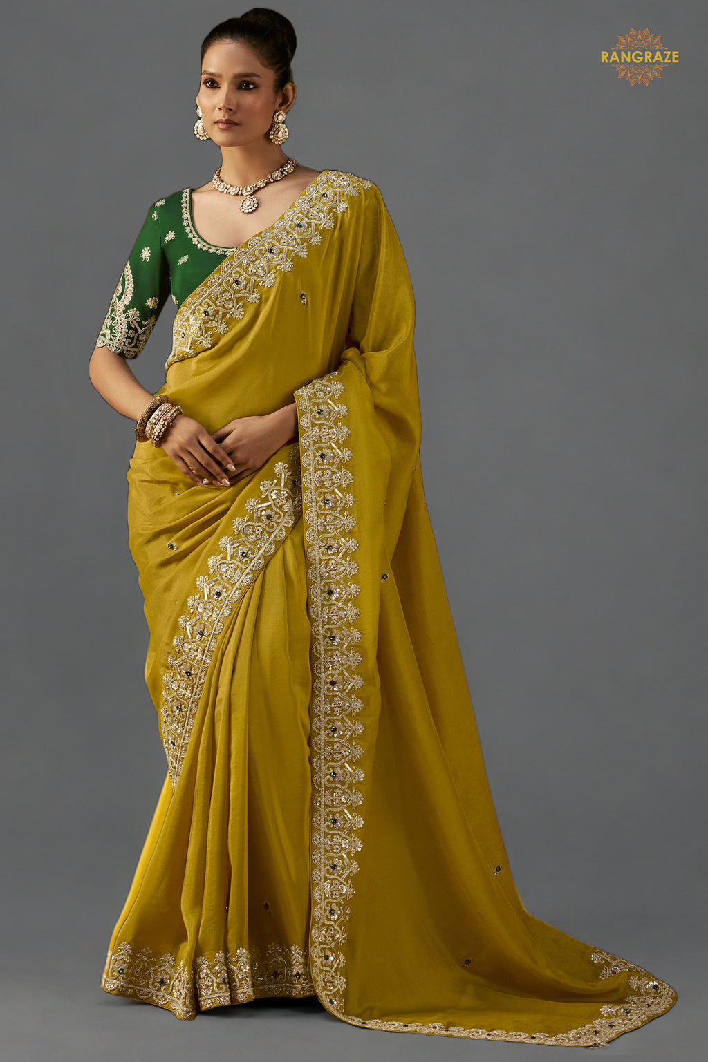 Yellow Embroidered Viscose Tissue Saree