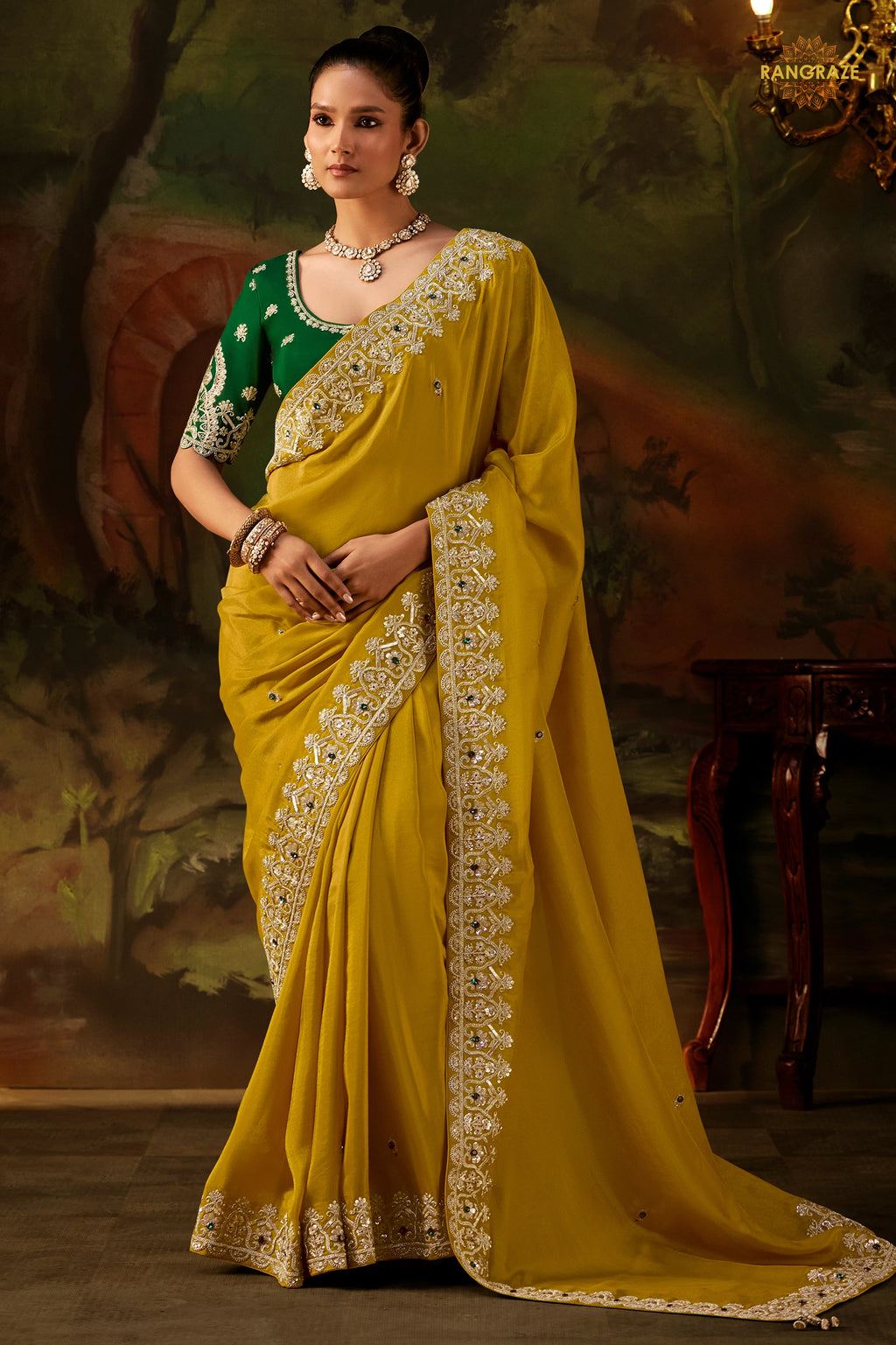 Yellow Embroidered Viscose Tissue Saree
