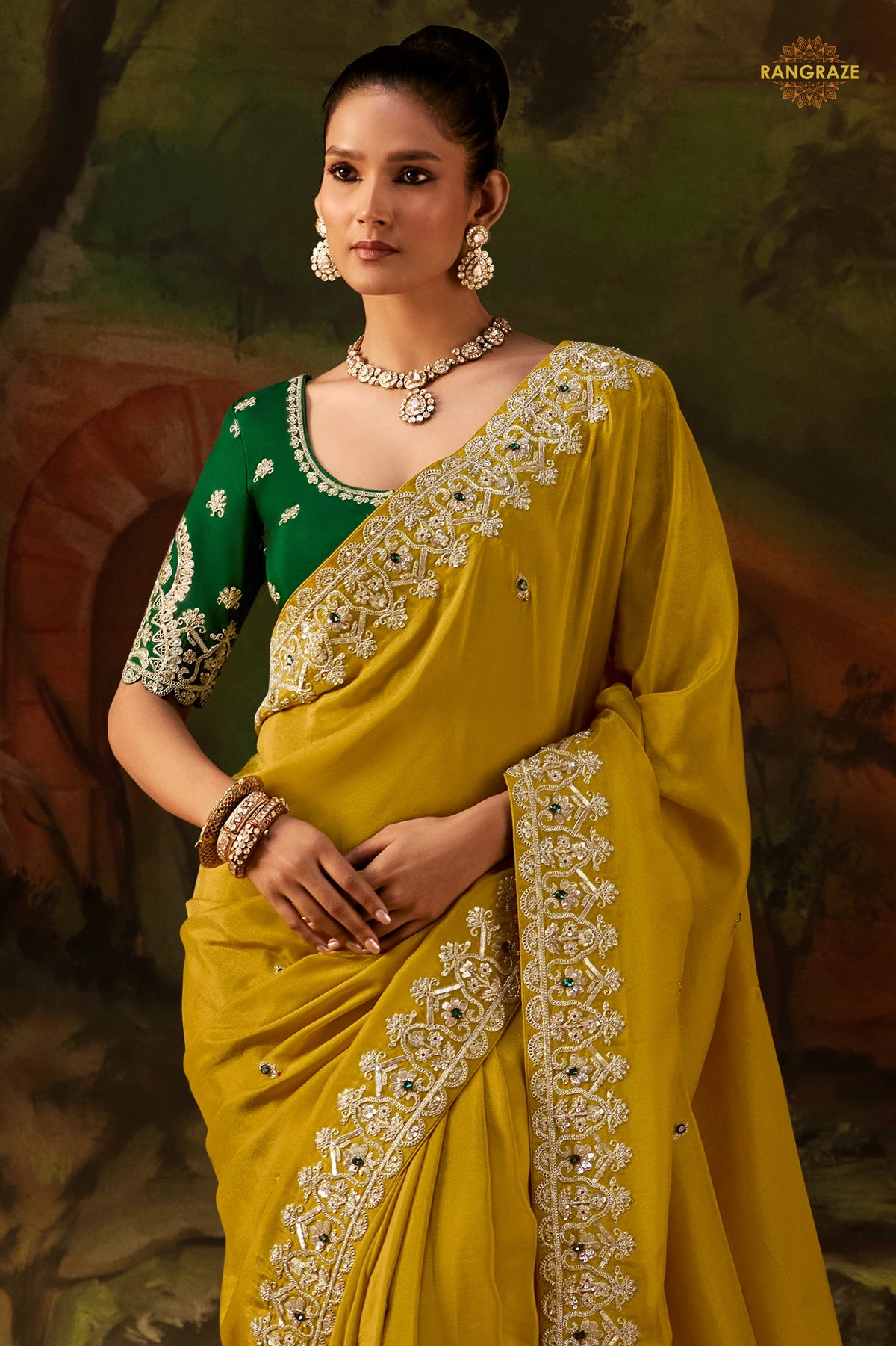 Yellow Embroidered Viscose Tissue Saree