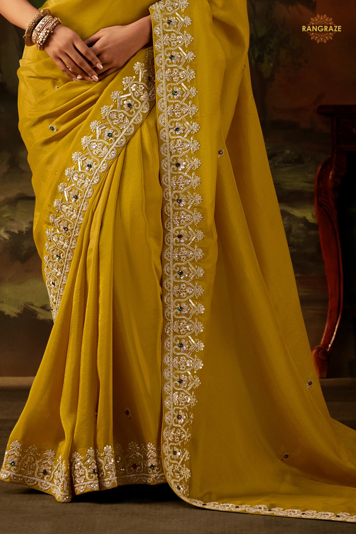 Yellow Embroidered Viscose Tissue Saree
