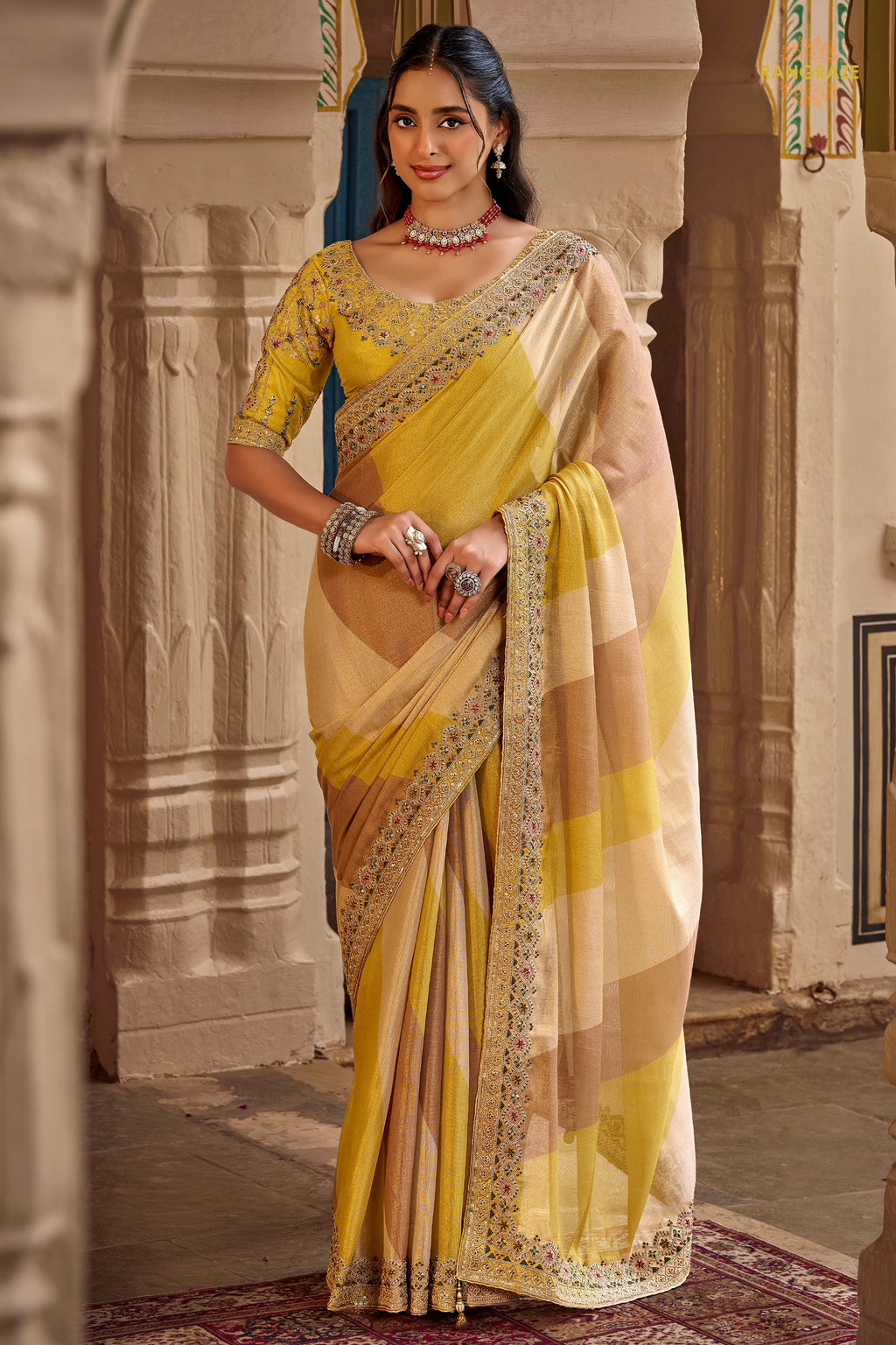 Yellow Embroidred Fancy Silk Saree