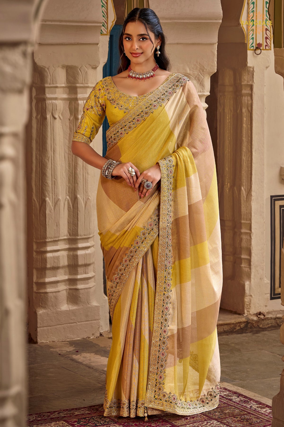 Yellow Embroidred Fancy Silk Saree