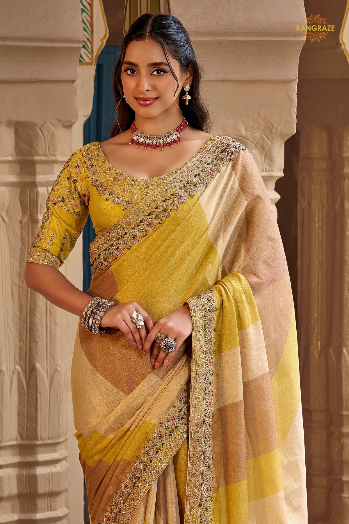Yellow Embroidred Fancy Silk Saree