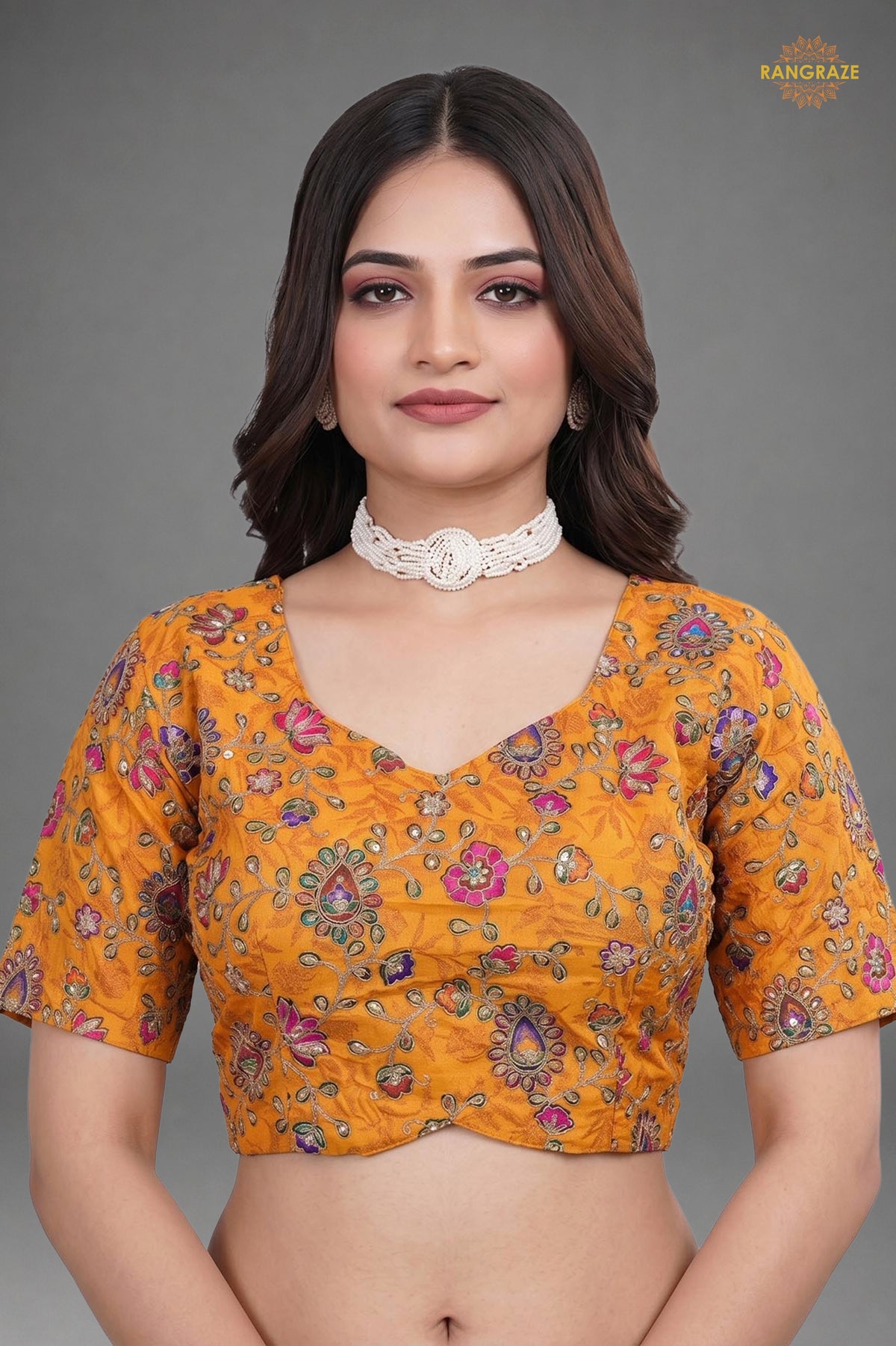 Yellow Printed Viscose Blouse with Embroidered Work