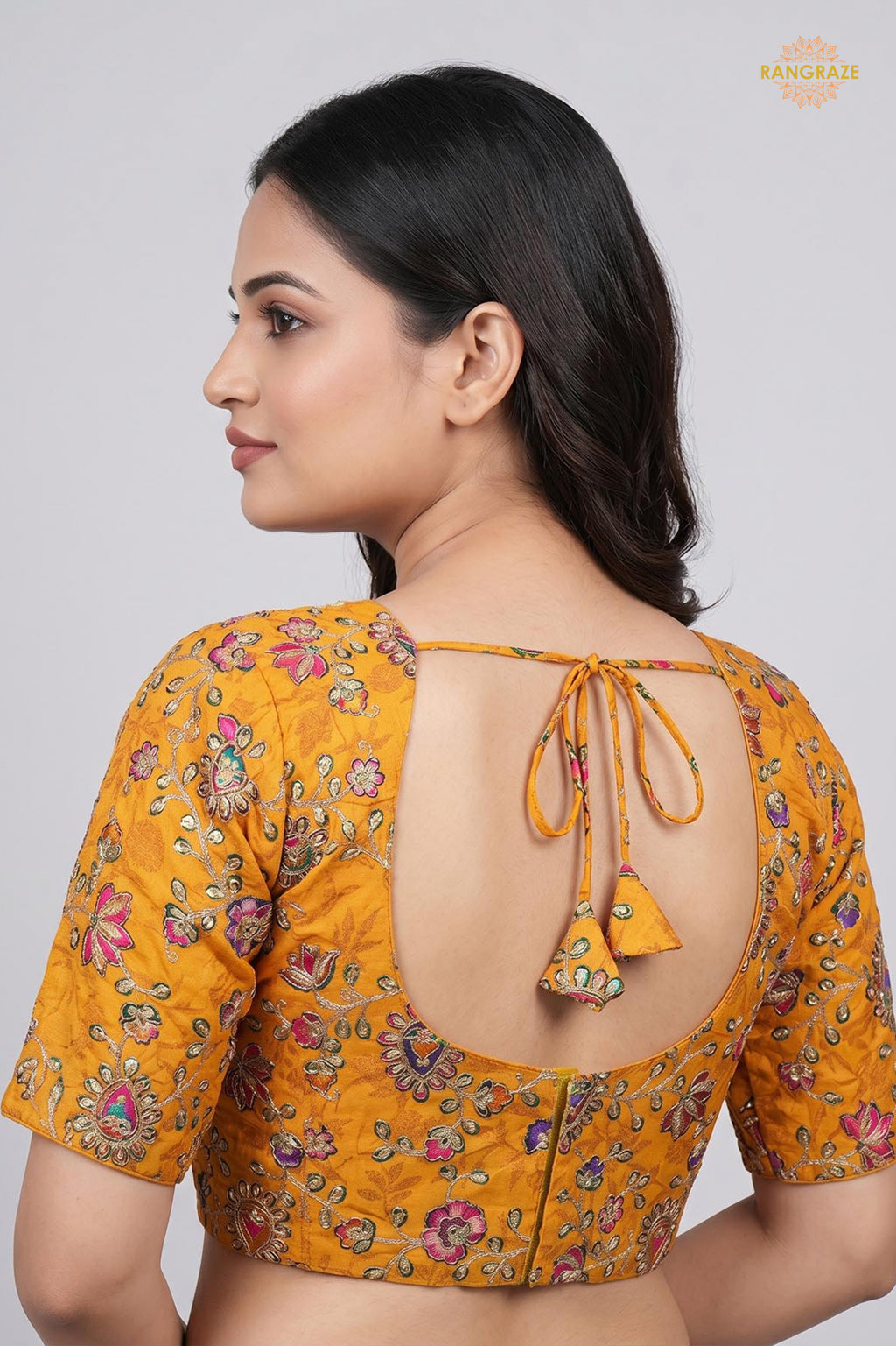 Yellow Printed Viscose Blouse with Embroidered Work