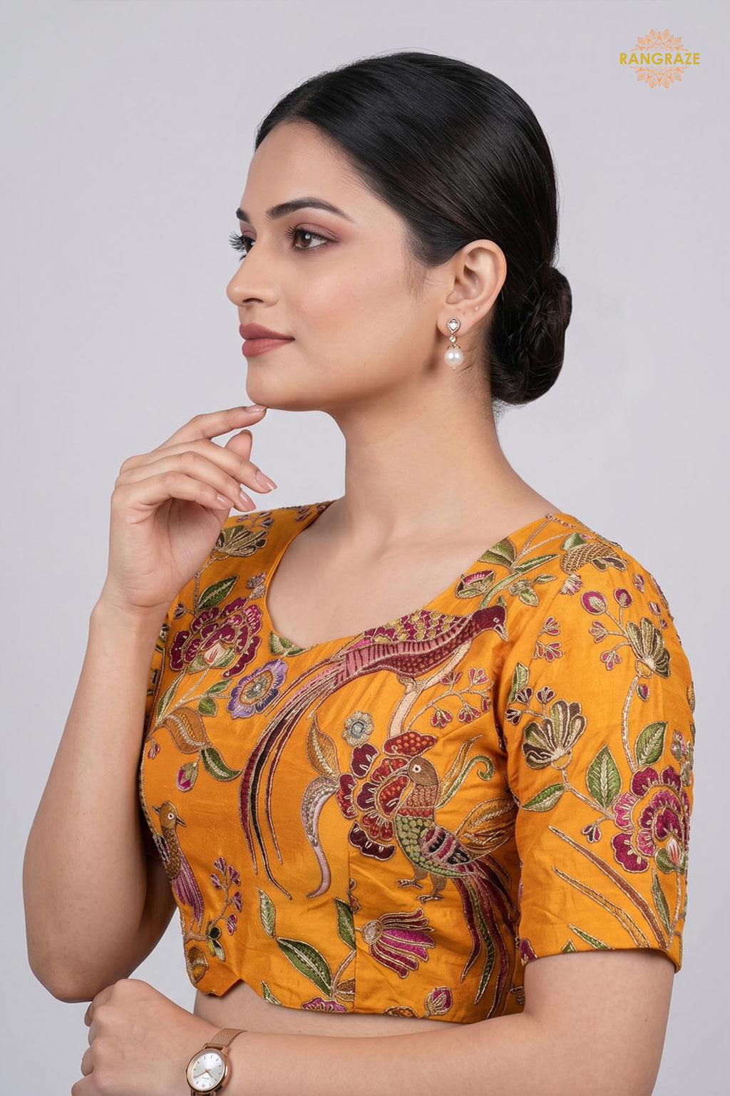Yellow Printed Viscose Blouse with Embroidered Work