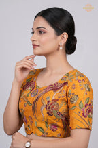 Yellow Printed Viscose Blouse with Embroidered Work