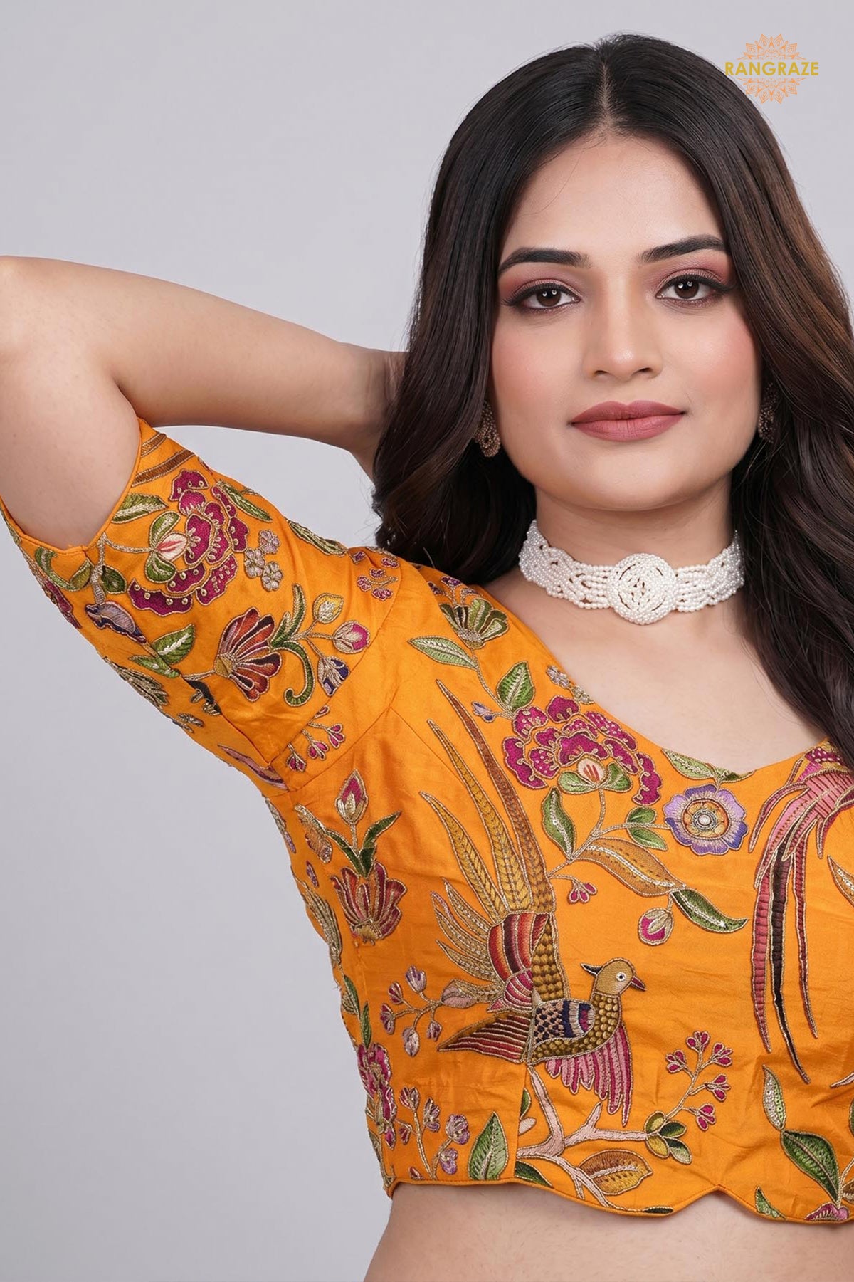 Yellow Printed Viscose Blouse with Embroidered Work